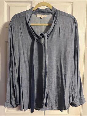 LOFT Slate Blue Tie-Neck Long Sleeve Blouse